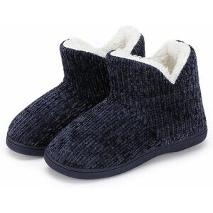 Women's Winter Warm Dark Blue Fluffy Fur Lined Plush Bootie Slippers Shoes